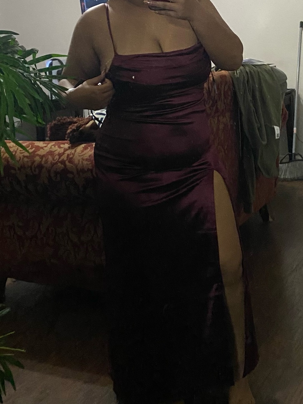 Elegant Burgundy Satin Slip Dress with Thigh Slit